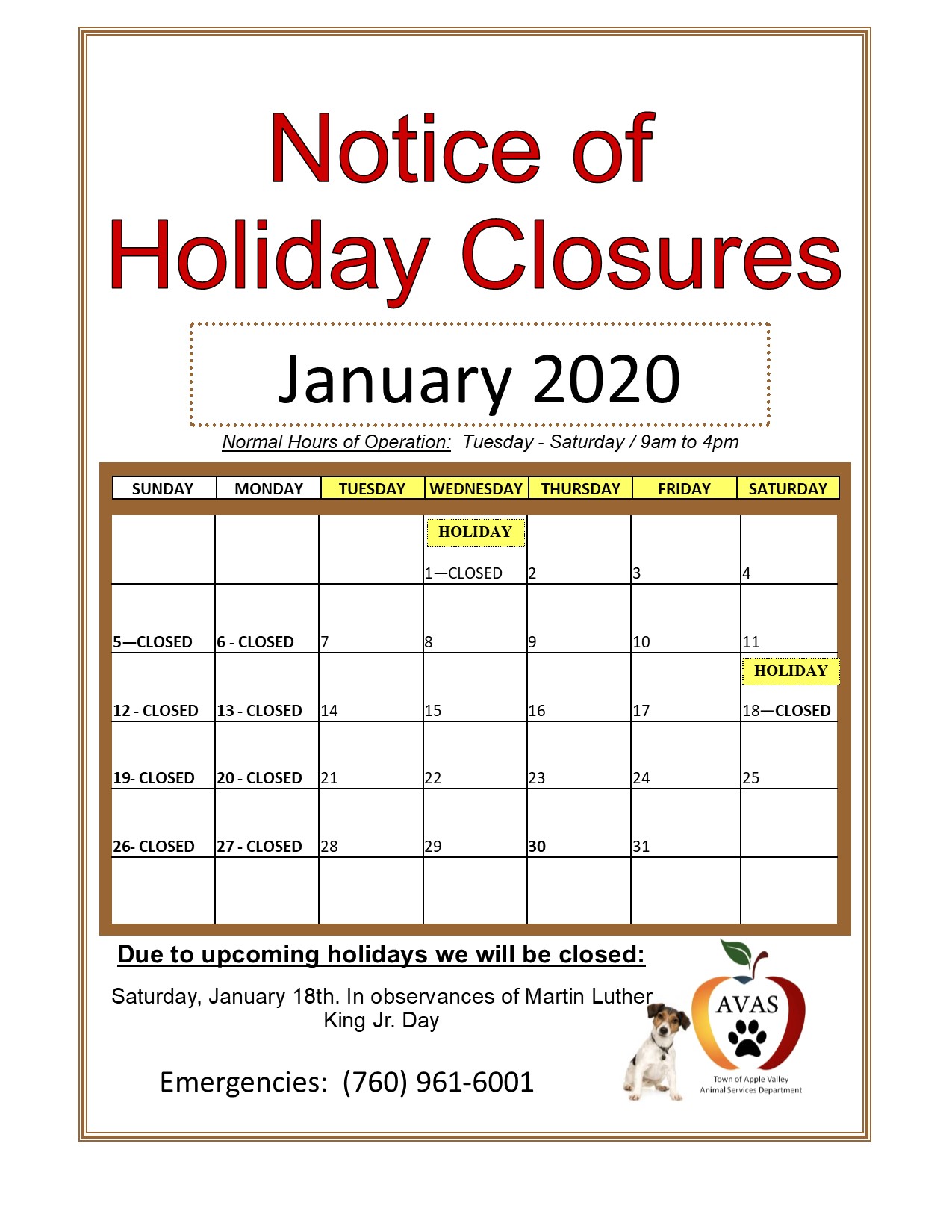 01.2020 Closed for Holidays Jan